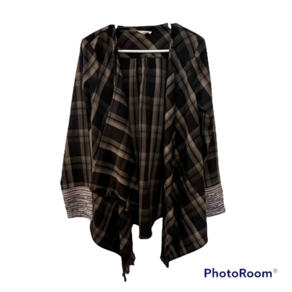 Mystree Womens S Brown Black Plaid Open Cardigan Fringe Handkerchief Boho